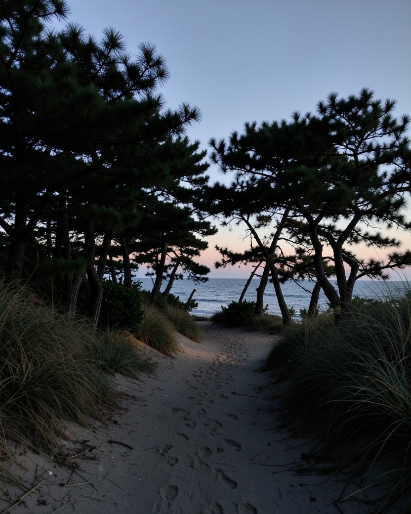 海へ抜ける松林の砂の小道。木々のあいだに夕方の海が見える